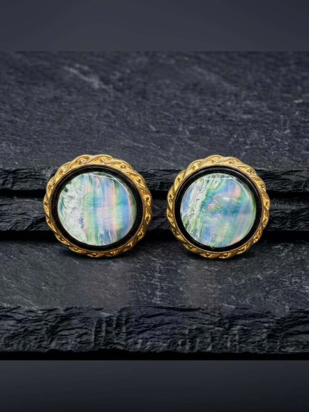 Vintage 70s Mermaidcore Abalone Shell Foil Painting Gold Tone Clip Earrings